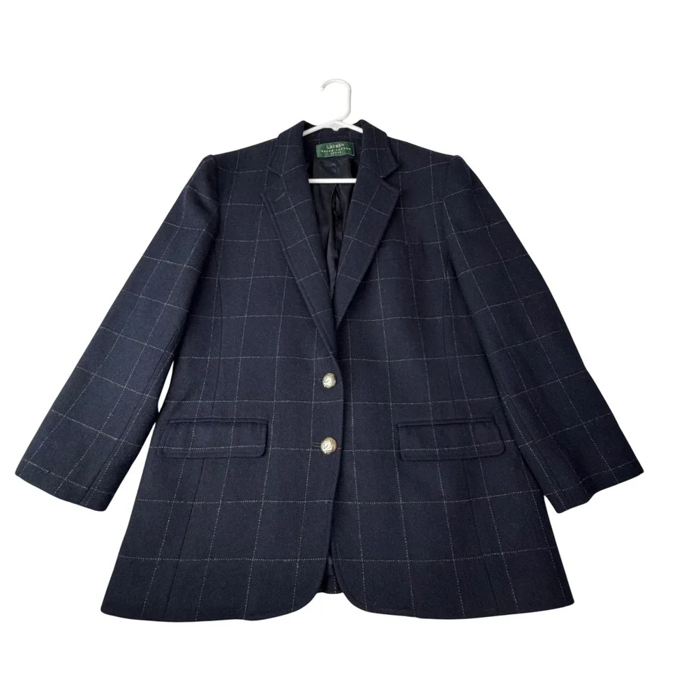 Lauren Ralph Lauren Windowpane Wool Blazer Navy Gold Buttons Preppy Petite P11